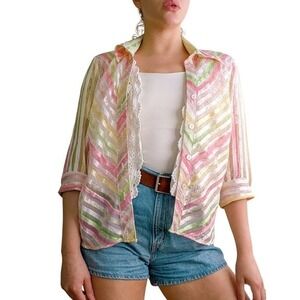 Vintage 90s Y2K Maximalist Pastel Stripe Sheer Button Up Blouse